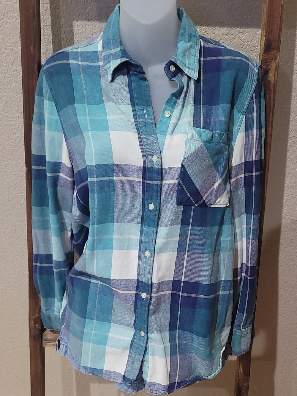 Blue And Aqua Plaid Button-Down Shirt - Casual Long Sleeve